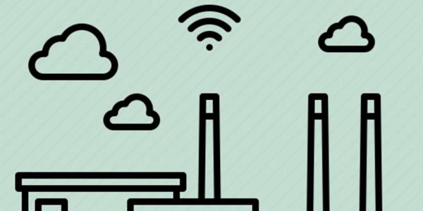Drawing of buildings with chimneys and clouds