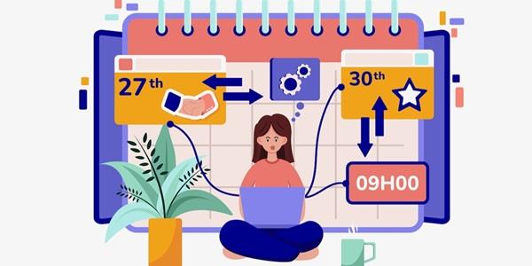 Illustration of person sitting with laptop in front of a large calendar with dates and times floating around to indicate planning in progress.