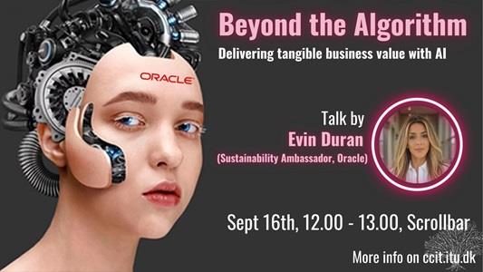 poster of talk with Evin Duran, featuing title and details, a headshot of Evin and a large photo of a woman looking left. The inside of her head, as well as her hair, has been replaced by a machine.