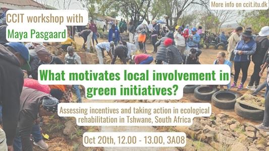 poster of event, background people working around mud-coloured river in South Africa