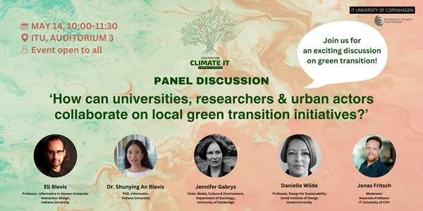 Panel discussion picture with profile pictures of 5 different researchers (2 men, 3 women) on a green and orange background with the panel discussion title, date, location on top.