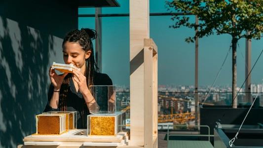 woman smelling honey in beehive with cityscape in the background