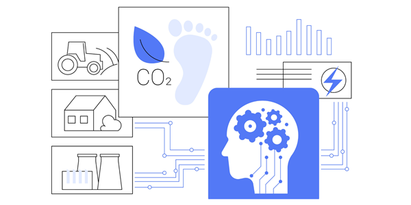 Blue and white Image showing symbols of a head full of bolts, CO2 footprint, a tractor, a house, a power plant, electrical measurements, connected by lines 