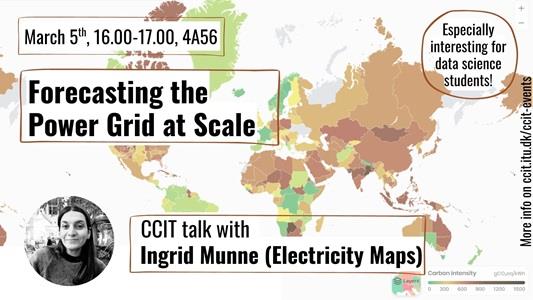 Poster of event with Ingrid Munne, with practical details in front and background of the map used by Electricity Maps